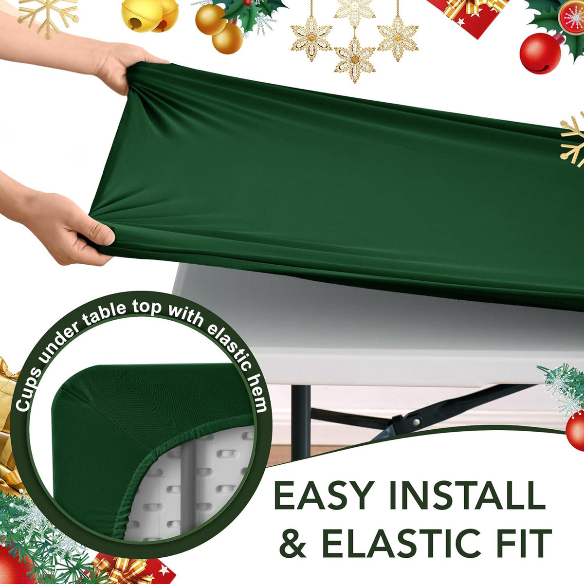 Fitted Tablecloth for 8 Foot Rectangle Tables-6 Pack Hunter Green Elastic Outdoor Picnic Table Cover-Spandex Stretch Folding Table Cloths 8ft for Camping Dining Patio Kitchen Banquet Party