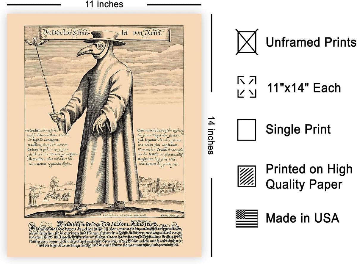 Poster Master Vintage Doctor Schnabel from Rome Poster - Retro Plague Doctor Print - Medieval Art - Gift for Men & Women - Great Wall Decor for Dorm, Living Room or Bedroom - 11x14 UNFRAMED Wall Art