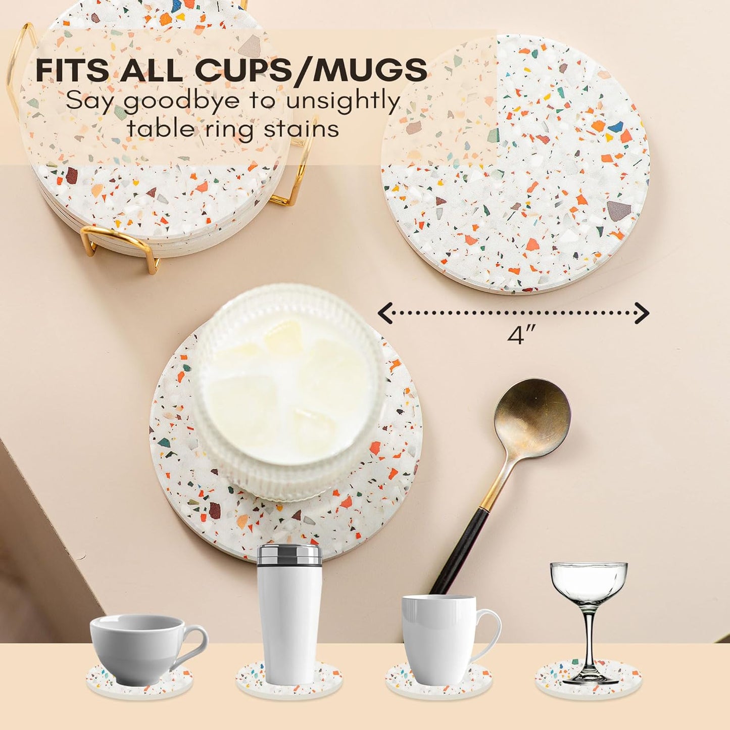 Terrazzo Drink Absorbent Coasters with Holder Set of 6, Ceramic Coaster for Drinks, Coffee Table Decor, Water Absorbing Stone Coaster for Drinks (Marble)