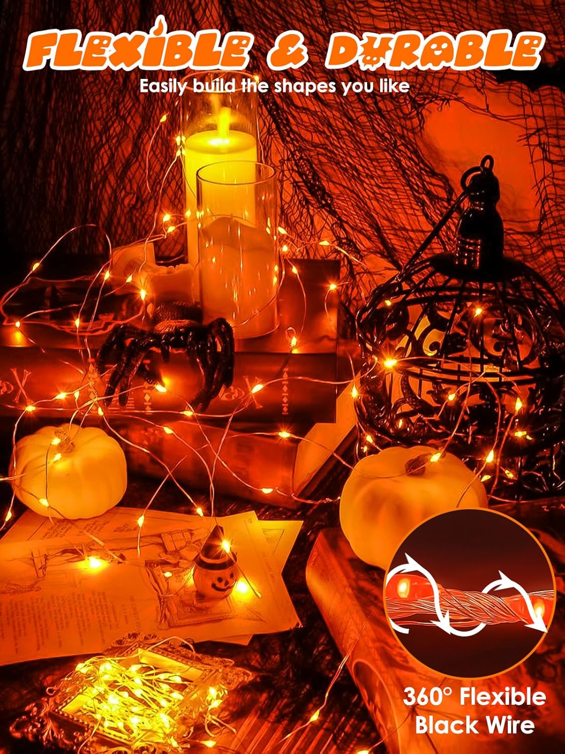 4 Pack 20FT 60LED Halloween Battery Operated Fairy Lights with Timer, Waterproof Battery String Lights Outdoor Indoor, Battery Twinkle Lights for Bedroom Wedding Birthday Party Halloween (Orange)