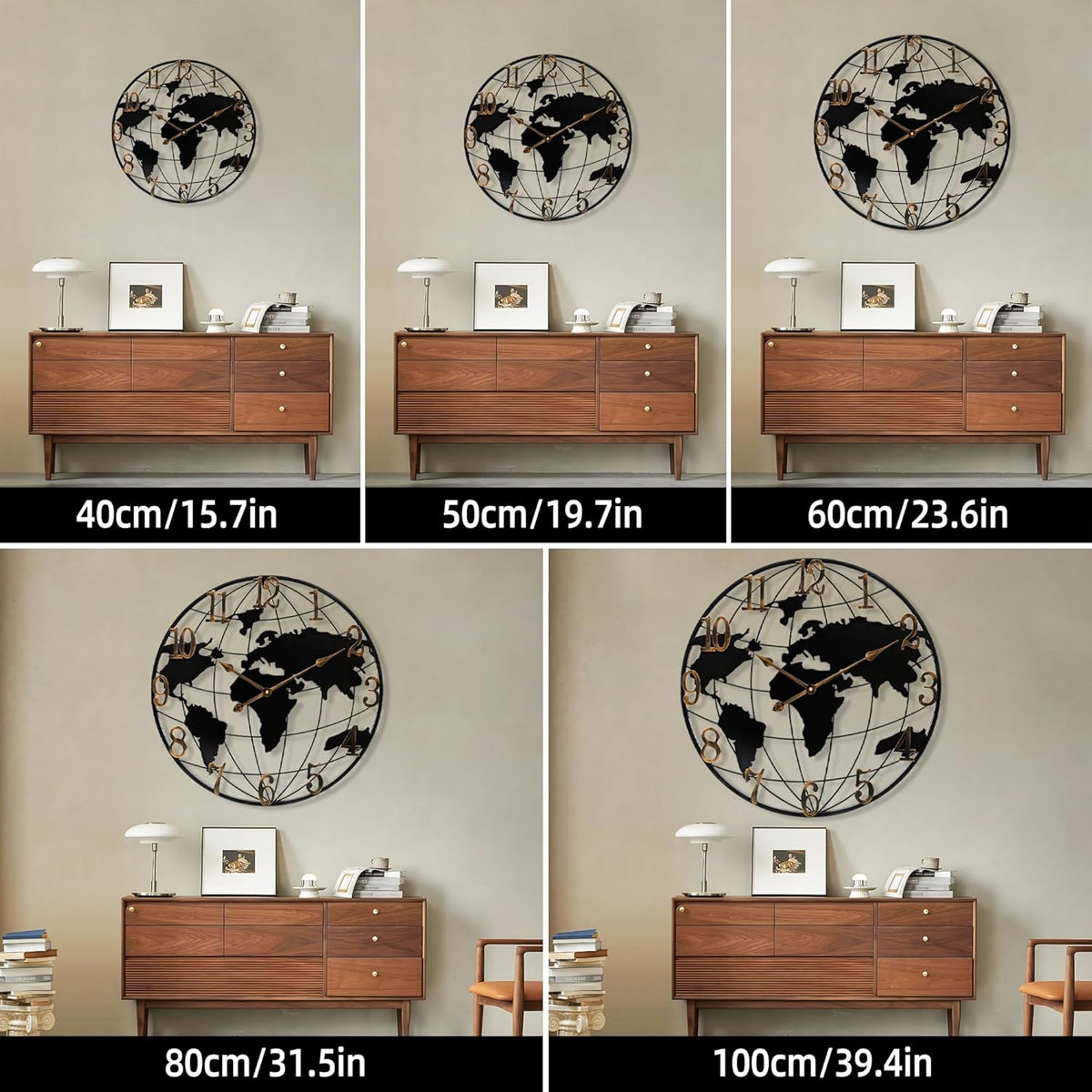 Large Wall Clock - 24 Inch World Map Minimalist Modern Round Metal Wall Clock Silent Non-Ticking Battery Operated Wall Clocks for Living Room Kitchen Office Farmhouse Home Decor