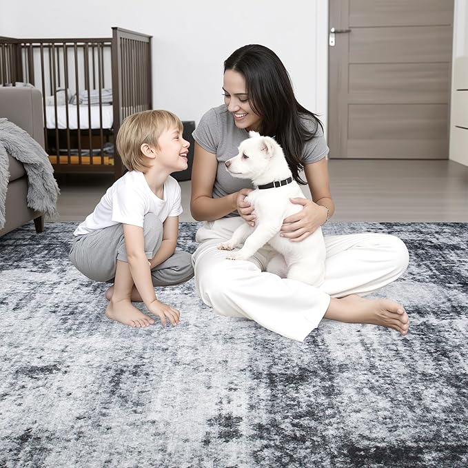 Round Area Rug Living Room: 8 ft Modern Washable Carpet Dark | - Image 8