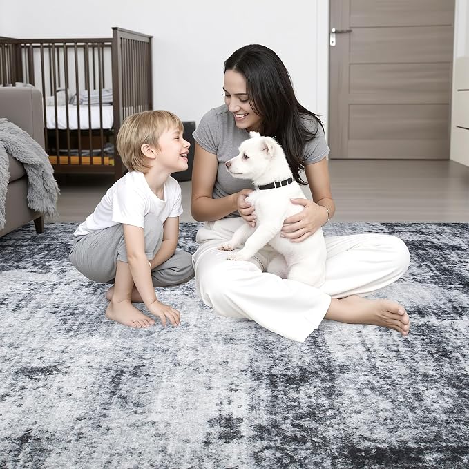 2x3 Washable Entryway Rug: Modern Abstract Soft Carpet Dark Black | - Image 8