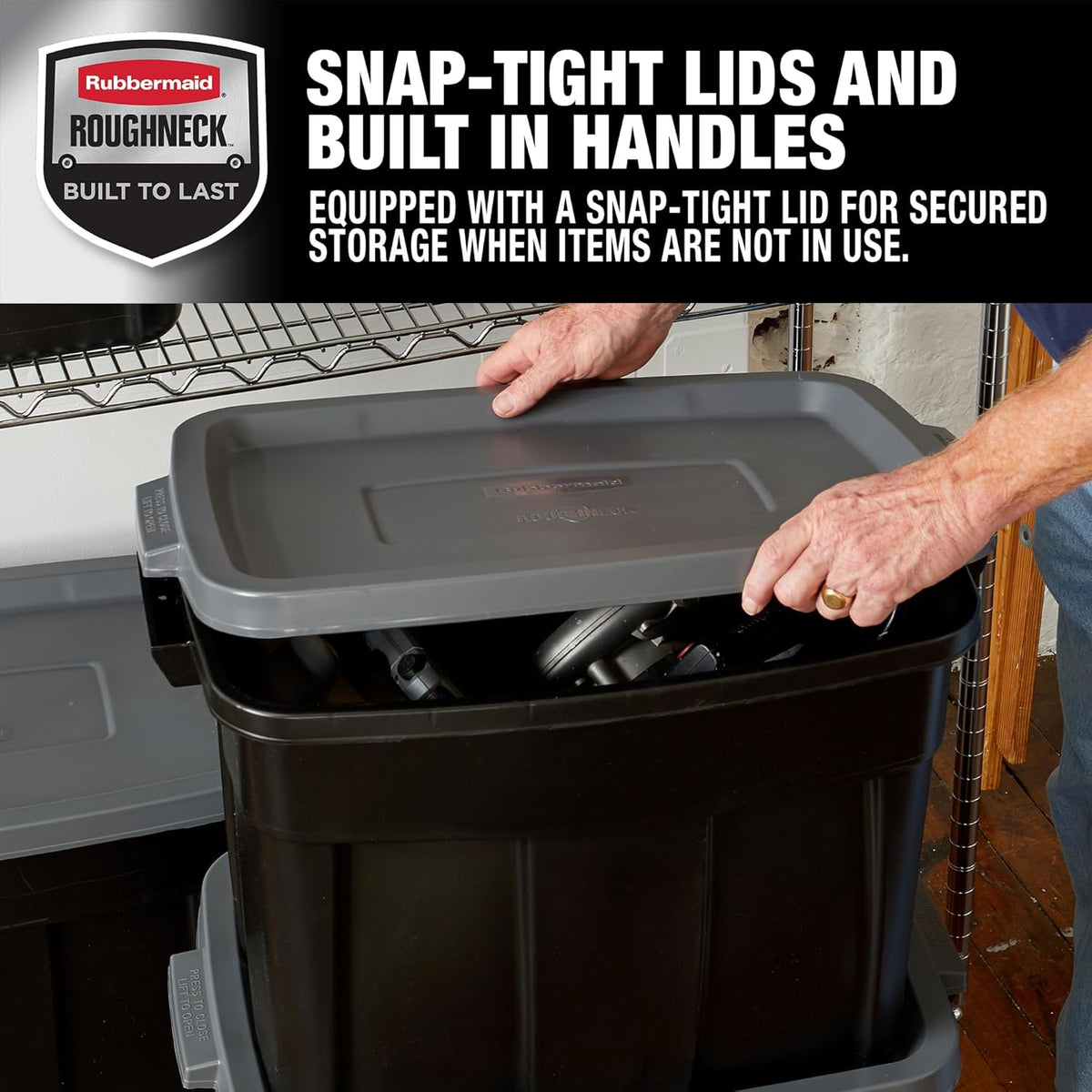 Rubbermaid Roughneck Tote 18 Gal, 6 Pack, Made in USA, Black & Gray, Rugged Plastic Stackable Storage Bins with Lids and Handles