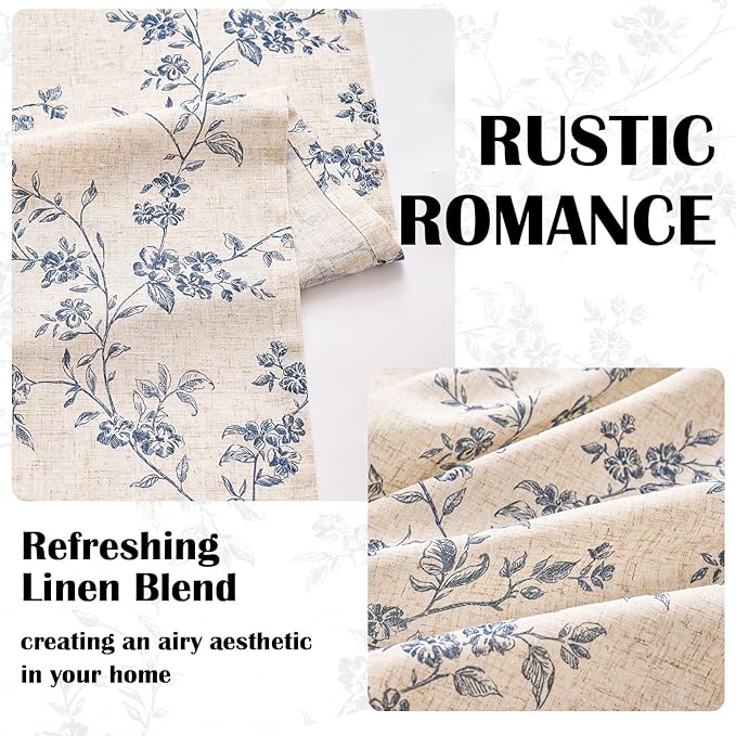 Blue Vintage Floral Linen Curtains Farmhouse 38W X 90L 2 Panels | Elisa Series - Image 4