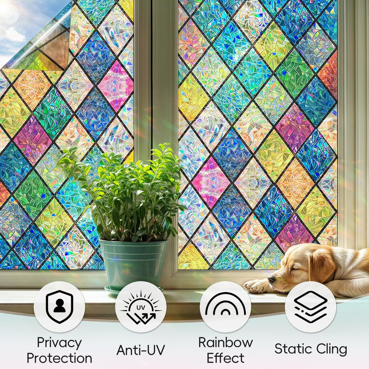 DUOFIRE Stained Glass Window Film Decorative Window Privacy Film Rainbow Diamond Grid Colorful Lattice Windows Cling Anti UV Static Cling Reusable Windows Decal for Home 11.8×39.3 inch