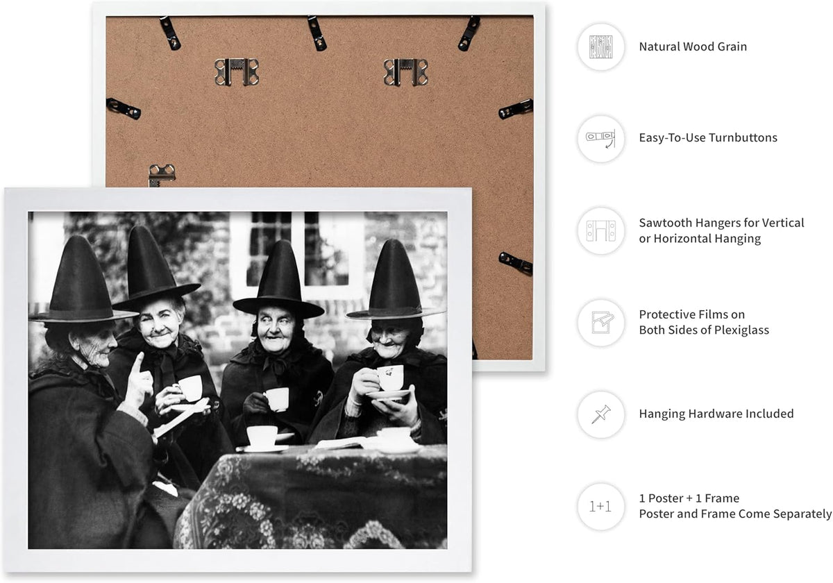 Poster Master Classic Photograph Poster - Vintage Halloween Print - Gift for Artist, Friend - Witches Tea Party, Old Women Smiling, Wearing Robes - Wall Decor for Living Room, 16x20 White Framed