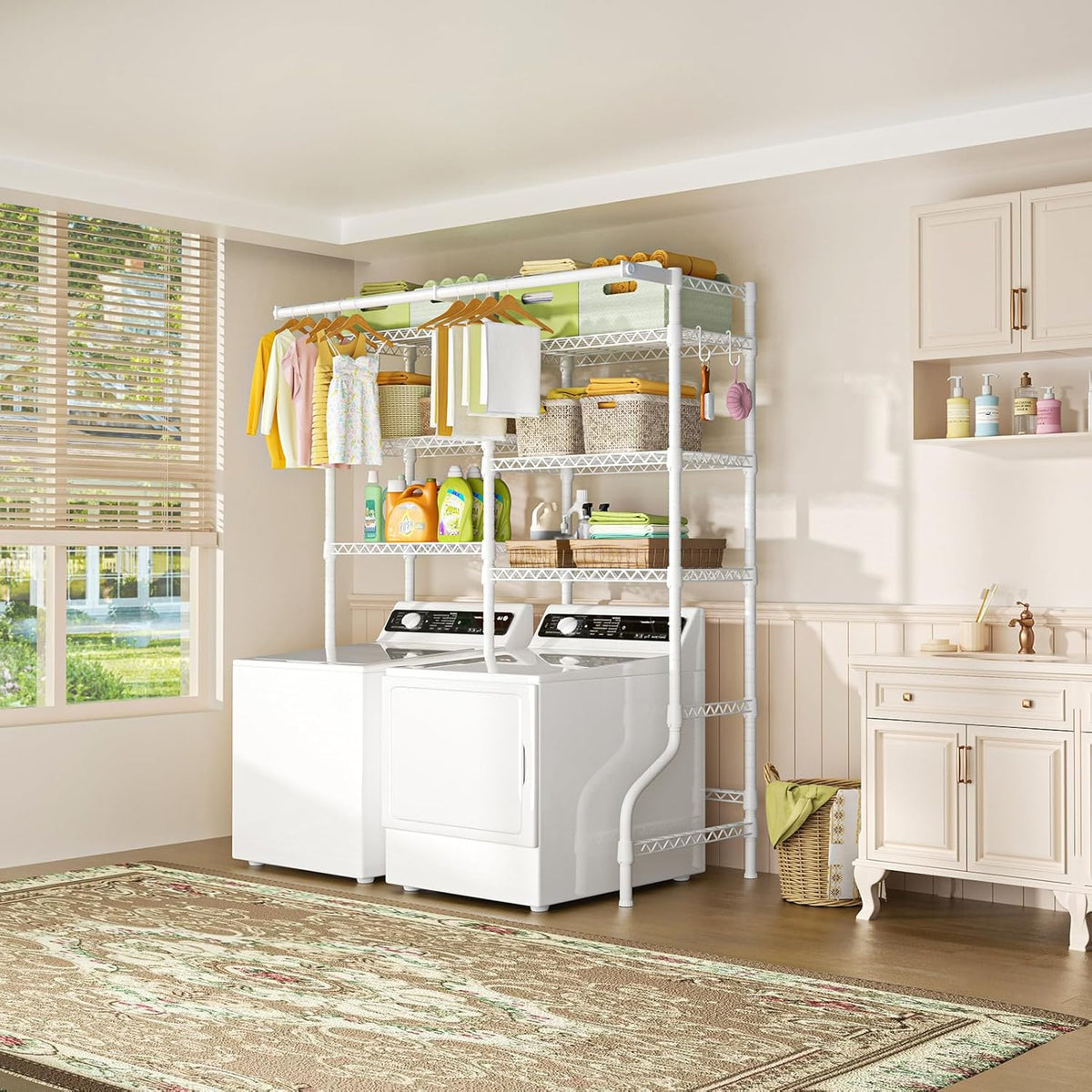 Ulif U13 Over Washer and Dryer Storage Shelves, 6 Tiers Laundry Room Standing Shelf with 2 Hanger Rods, Space Saver Clothes Drying Rack, 63.4" W x 22" D x 77.4" H, White