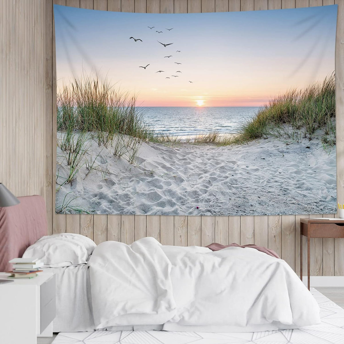 HVEST Ocean Beach Tapestry Wall Hanging, Sunset Seabird and Beach with Grass Wall Hanging Tapestry Natural Landscape Tapestry for Bedroom Living Room Dorm Decoration Wall Decor, 80x60 Inches