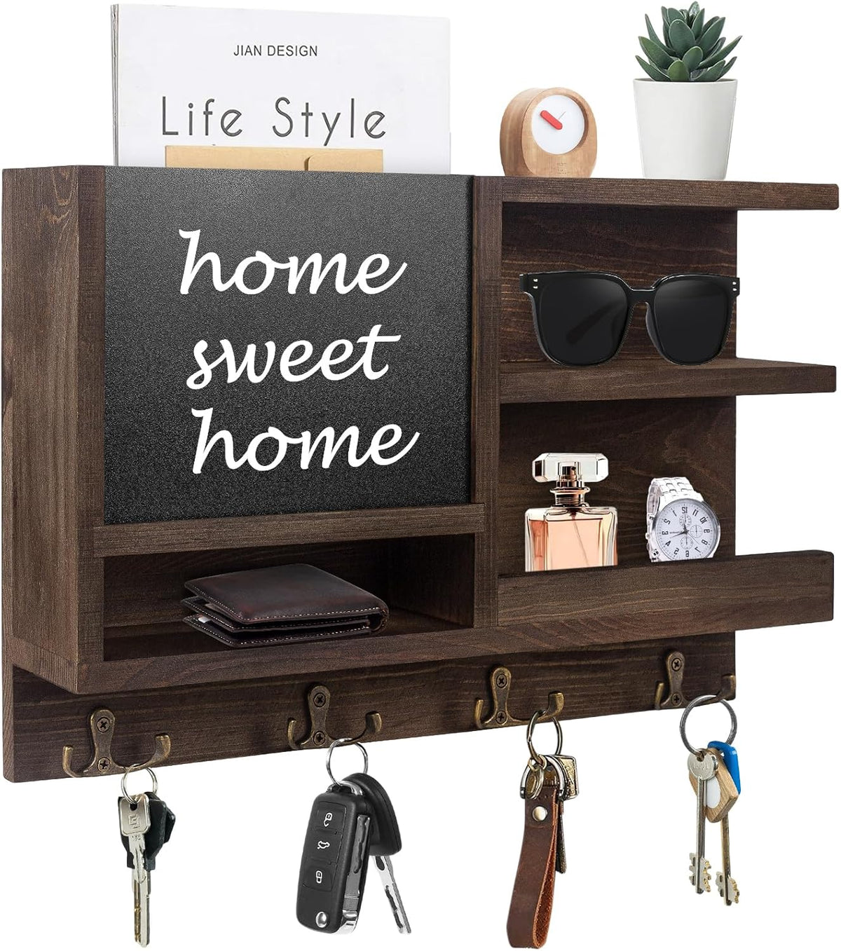 Key Holder for Wall, Mail Organizer Wall Mount with Key Hooks and Chalkboard & Mirror for Sunglasses Storage and Dog Leash Hanger, Decorative with 4 Double Hooks