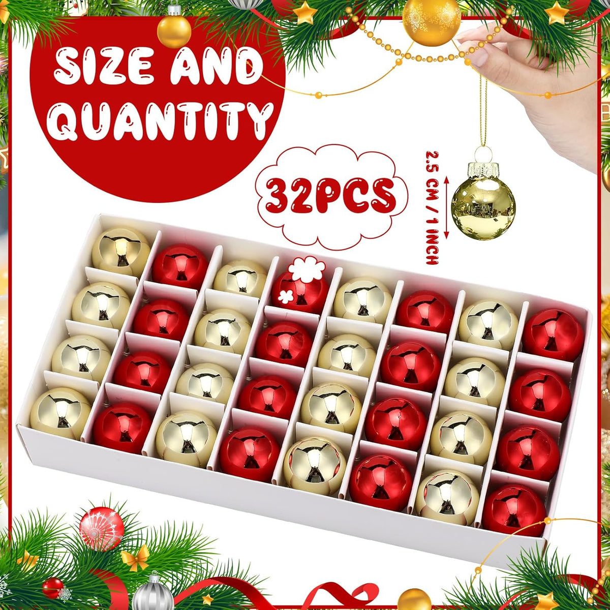 Tioncy 32 Pcs 1 Inch Mini Glass Christmas Ornaments Balls Shiny Christmas Balls Tiny Tree Hanging Decoration Small Colorful Ball Pendant for Xmas Party Supplies(Red, Gold)