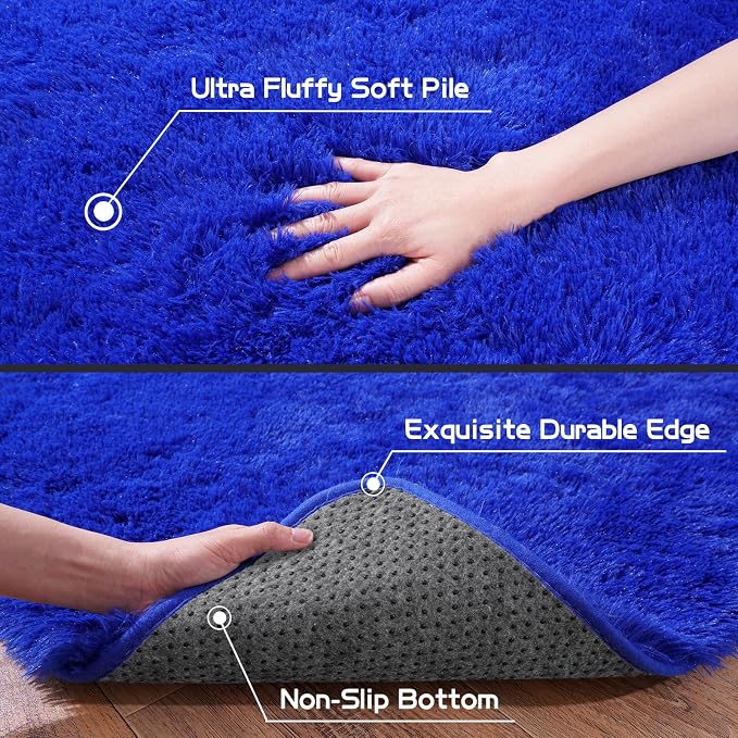 Pionblank Fluffy Runner Rugs for Bedroom 2x6, Royal Blue | Modern Shaggy Area - Image 5