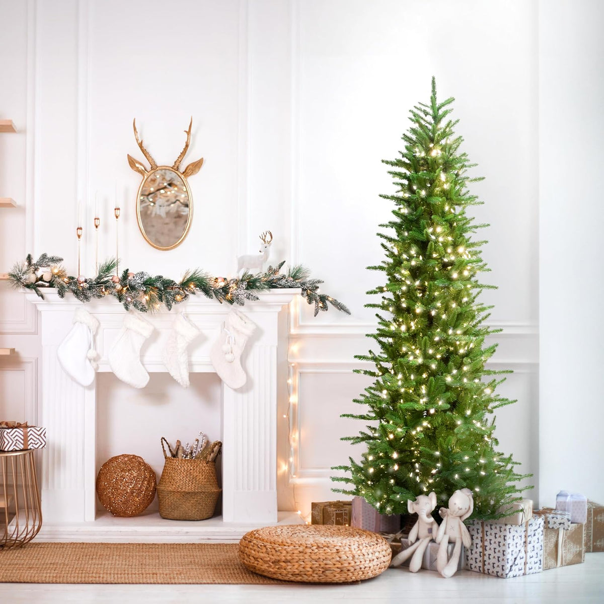 Fraser Hill Farm 6.5-Ft. Carmel Pine Slim Artificial Christmas Tree with White Incandescent Smart Lights and Stand, Prelit Foldable Fake Tree with Realistic Foliage for Home Decoration