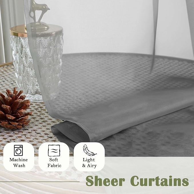 Charcoal Grey Sheer Curtains 63 Inch Length 2 Panels, Rod Pocket Light - Image 4