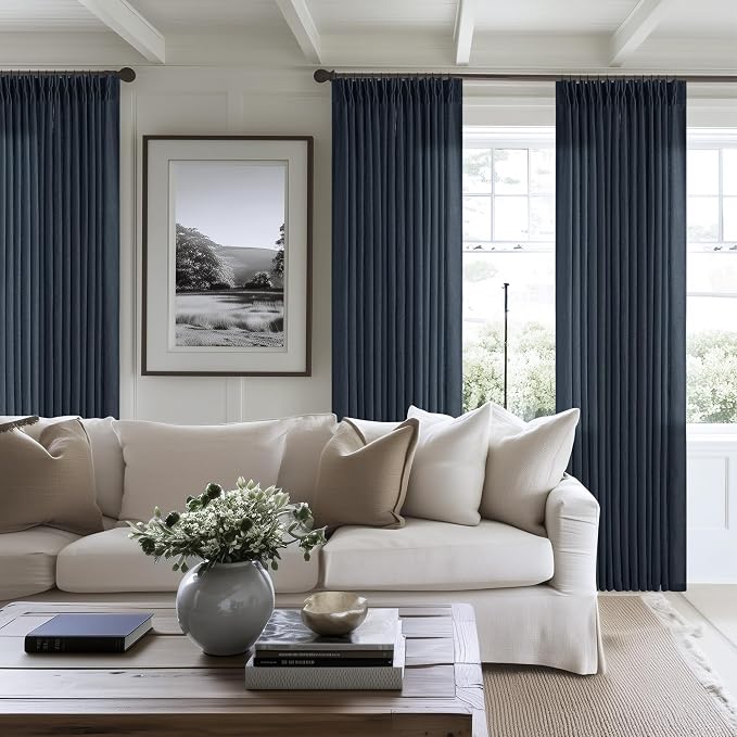 Navy Indigo Linen Pinch Pleated Curtains 102 Inches Long 2 Panels | Pinch - Image 6