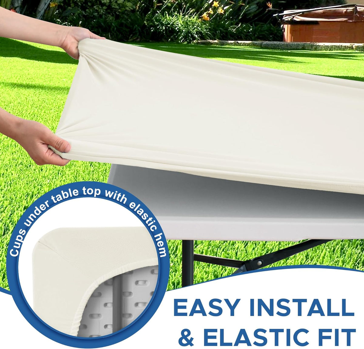 Fitted Tablecloth for 6 Foot Rectangle Tables-4 Pack Cream Elastic Outdoor Picnic Table Cover-Spandex Stretch Folding Table Cloths 6 ft for Camping Dining Room Patio Kitchen Banquet Party