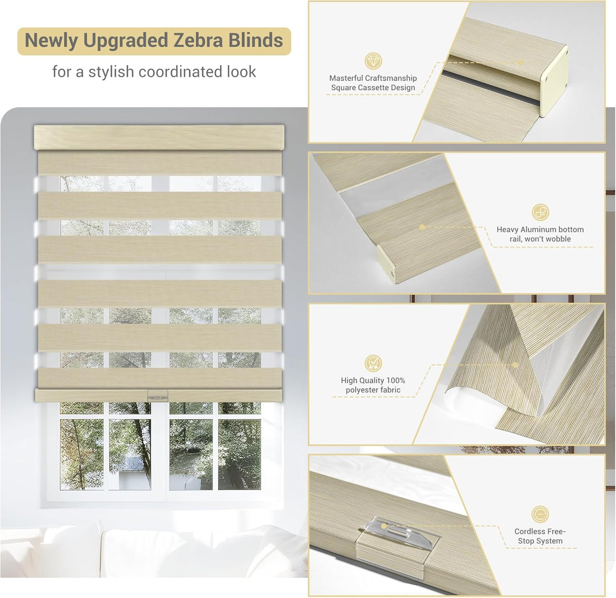 Cordless Zebra Blinds for Windows, Blackout Interior Blinds,Easy to Install,UV Protection,for Offices and Home,Custom Roller Shades, Mousse Beige,45" W x 56" H