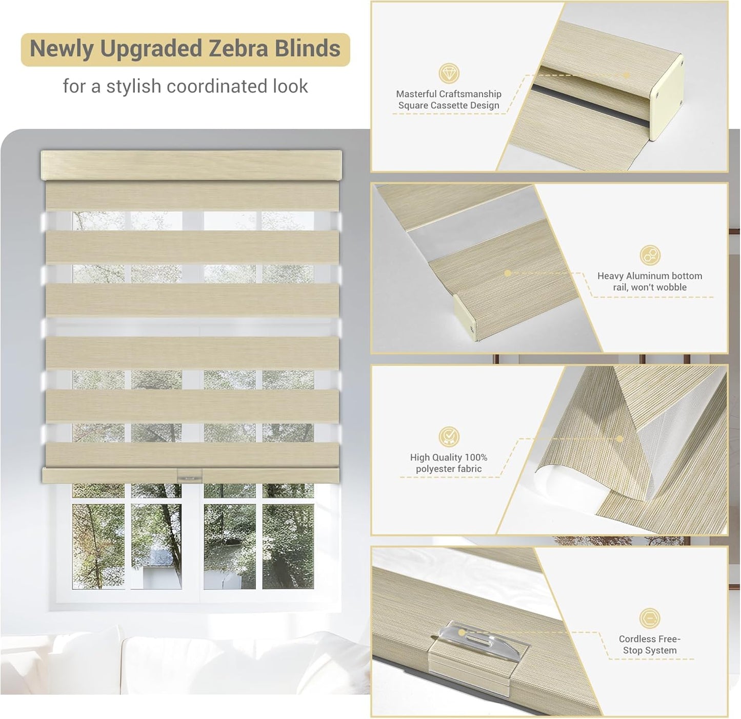 Cordless Zebra Blinds for Windows, Blackout Interior Blinds,Easy to Install,UV Protection,for Offices and Home,Custom Roller Shades, Mousse Beige,28" W x 48" H