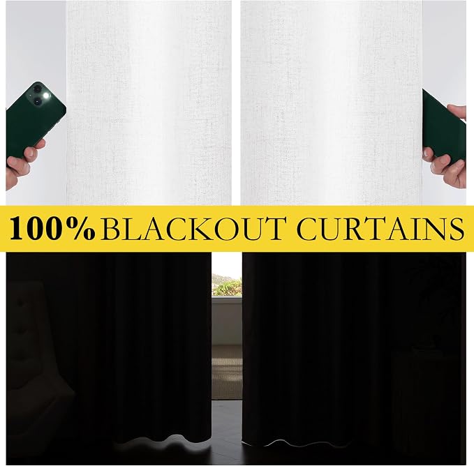 NICETOWN Greyish White 100% Blackout Linen Curtains 90" Long, Farmhouse Thick - Image 4
