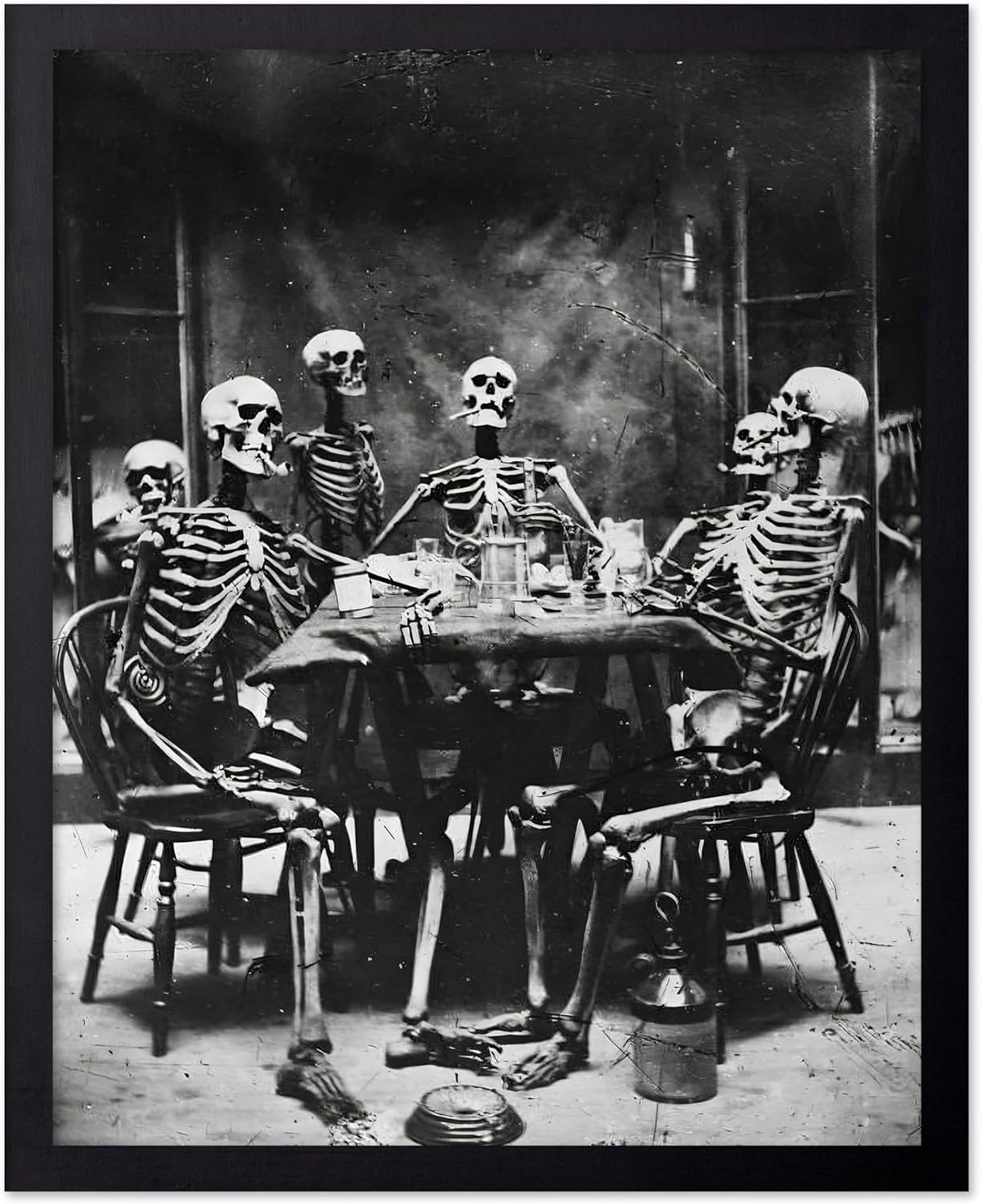 Poster Master Vintage Photograph Poster - Retro Daguerreotype Print - Gift for Artist, Friend - Skeletons Smoking at Table, Dinner Party, Goth - Wall Decor for Home, Dorm, 16x20 Black Framed