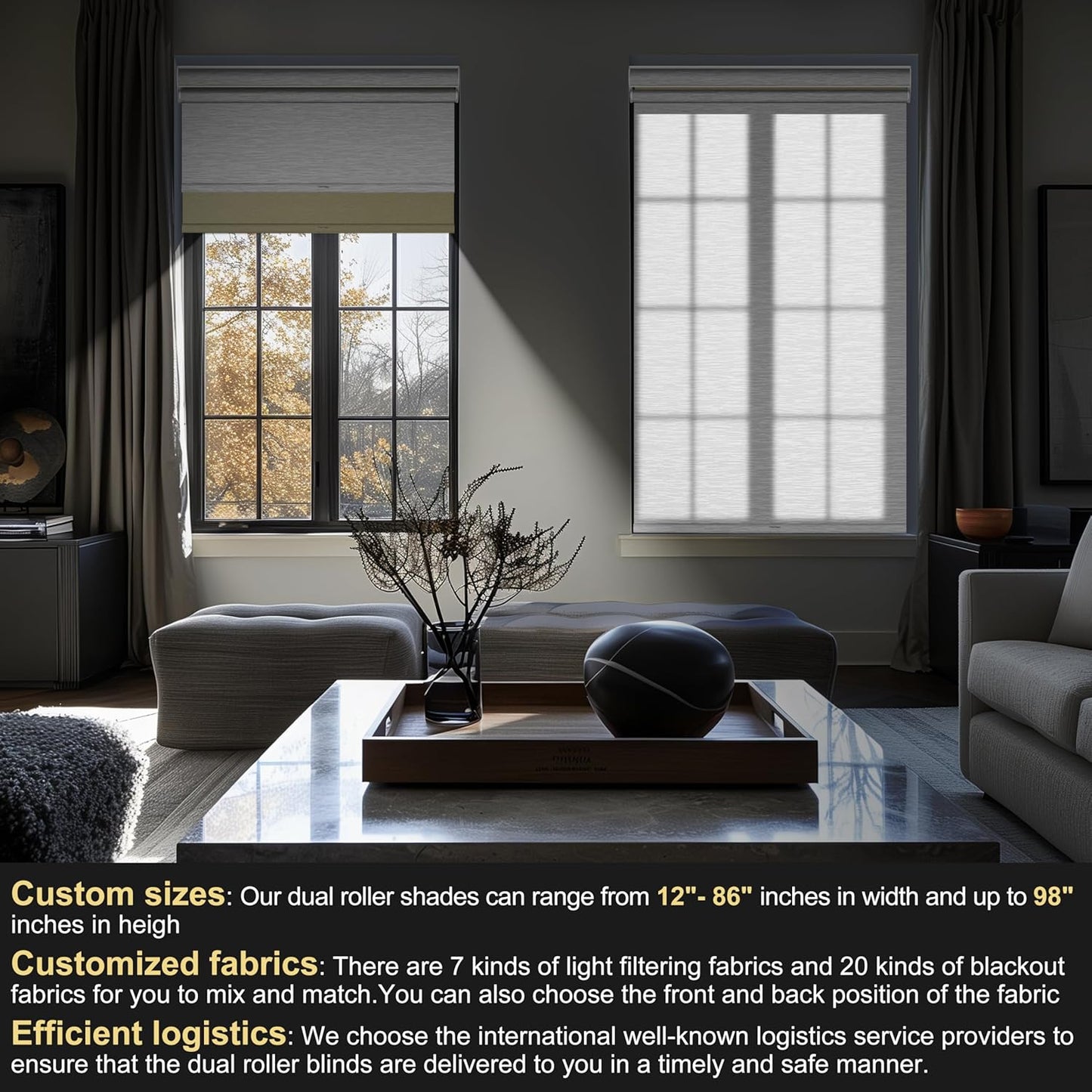 BERISSA Cordless Dual Roller Shades with Cassette Valance, Double Window Shades - Blackout and Light Filtering, Day and Night - Beige and White, 76 W x 48" H