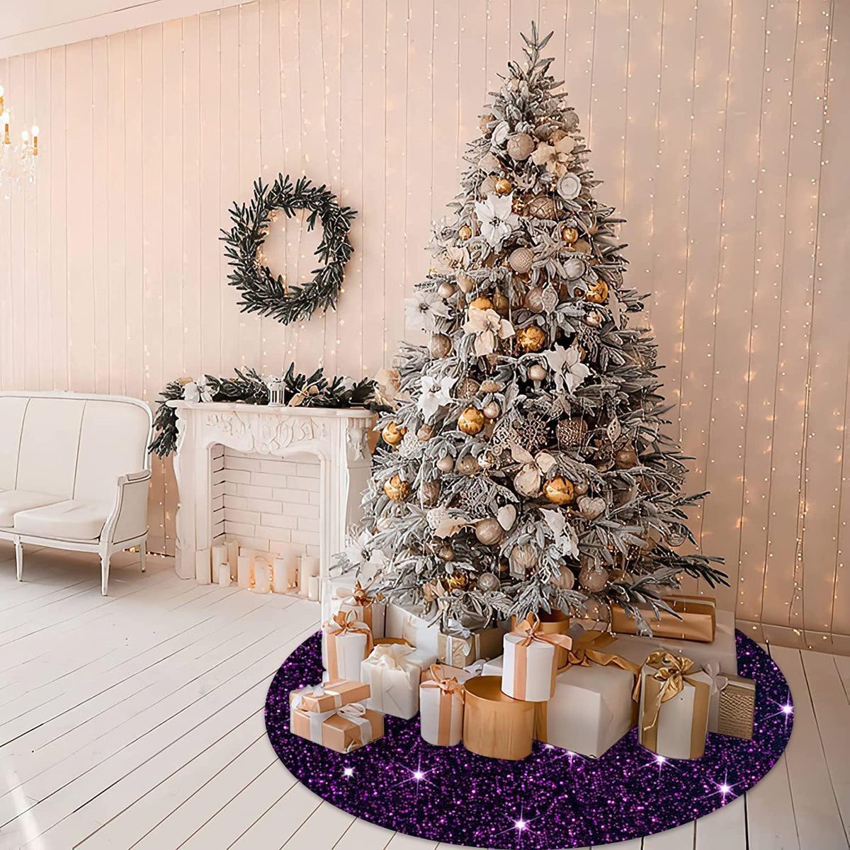 MODFUNS Purple Xmas Tree Skirt Sequin Christmas Tree Skirt 60 Inch Velvet Tree Mats Glitter Fabric Large Tree Skirts for Christmas Tree Base Cover Halloween Party Tree Skirt for Christmas Day Holiday