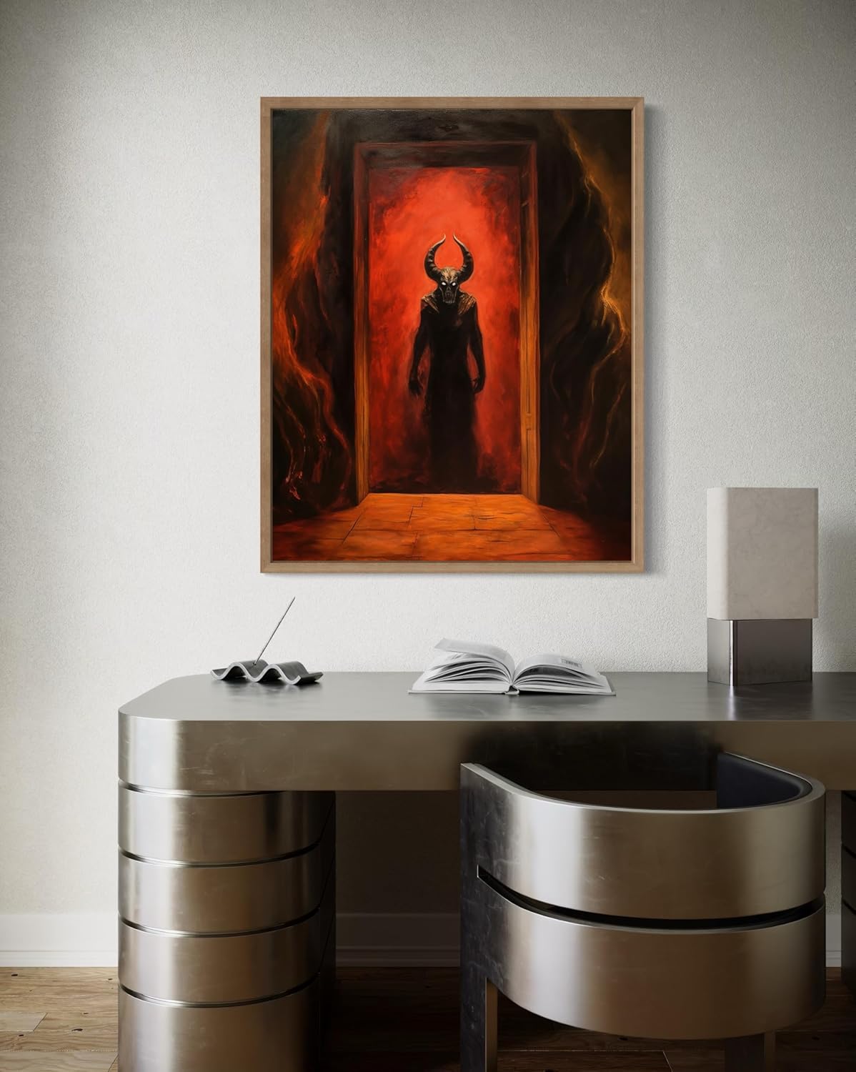 Satan and Hell Poster Art Print, Halloween Scary Vintage Wall Art Academia Spooky Painting Decoration for Horror Prints, Gothic Posters Bedroom Decor 89 (Satan and Hell, 8 x 10 inches, Wood Frame)