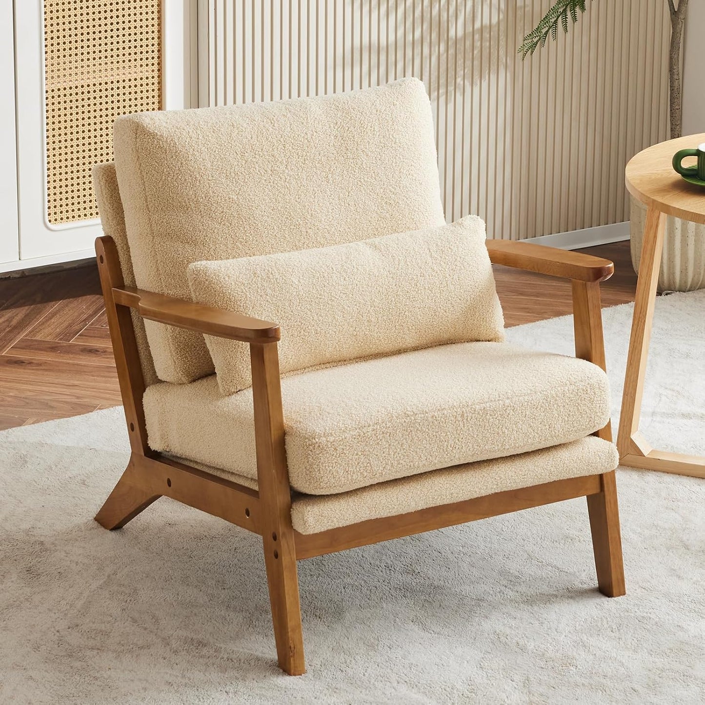 Karl home Accent Chair Wide Armrest Mid-Century Lounge Chair Teddy Fleece Armchair with Lumbar Pillow & Solid Wood Frame for Living Room, Bedroom, Balcony, Khaki