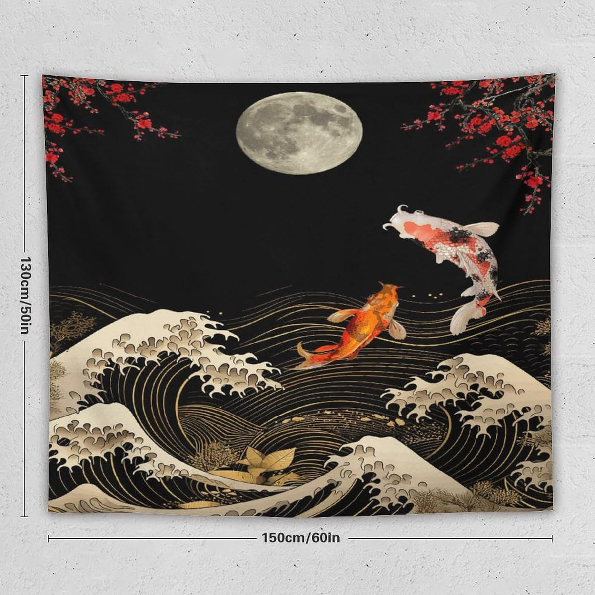 Houselerax Koi Fish Tapestry, Japanese Style Yin Yang Big Wave Cherry Blossom Tapestries Wall Hanging for Bedroom Living Room Office Decor 60"x50"