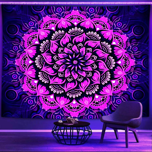 Psyhilar Blacklight Mandala Tapestry Wall Hanging, Psychedelic Flower Black Light Posters for Adults and Teens, UV Reactive Aesthetic Bohemian Art for Bedroom (40 x 30 Inches)
