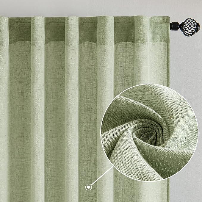 MIULEE Sage Green Linen Curtains 52x102 Inch Length 2 Panels - Image 2