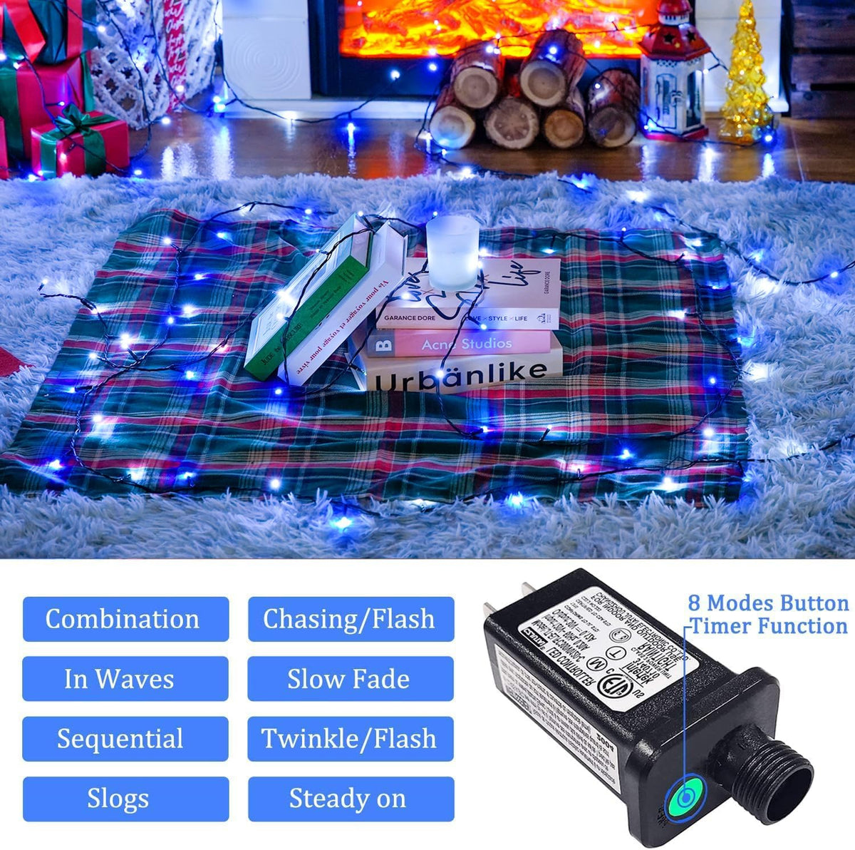 JMEXSUSS 66ft 200 LED Blue and White Christmas Lights, Outdoor Christmas String Lights Plug in, Expandable Christmas Lights for Tree Outside Party Home Decorations, EXS-S-0200