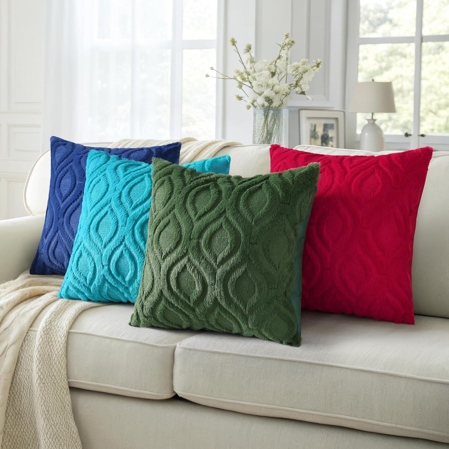 decorUhome Fall Throw Pillow Covers 24x24 Inch Set of 2, Soft Plush Decorative Faux Fur Turquoise Solid Couch Pillow Covers, Accent Farmhouse Neutral Square Euro Pillow Cases for Sofa Bed Living Room