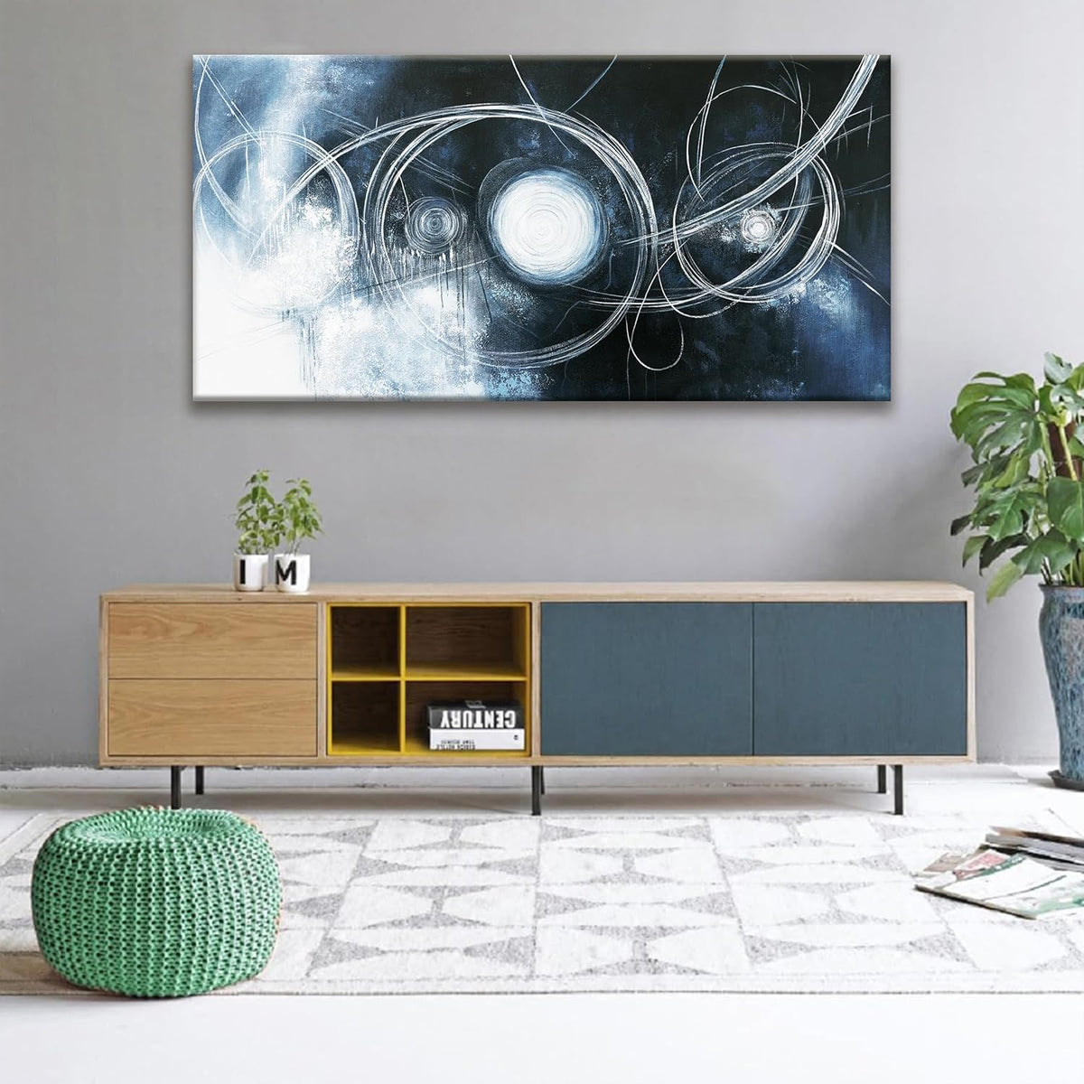 TAIJXAGSG Abstract Wall Art Modern Wall Decorations Maximalist Dark Blue Canvas Wall Art Decor Prints White Line Artwork For Living Room Bedroom Kitchen Office Artwork Ready To Hang 24"×48"