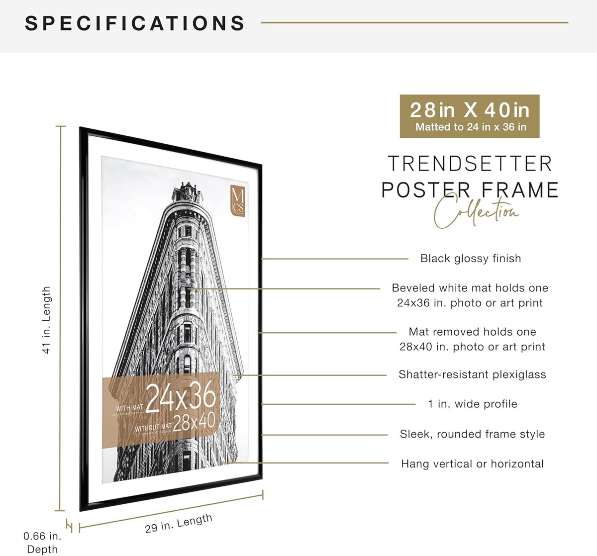 MCS Trendsetter 28x40 Matted Poster Frame with 24x36 Picture Display, Black Vertical & Horizontal Wall Hanging Large Picture Frame for Photos & Posters (1-Pack)