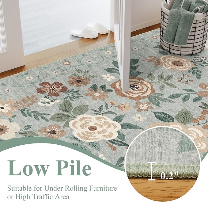 DUKINO 8x10 Area Rugs, Floral Washable Living Room Rug Non Slip, Sage Green | - Image 7