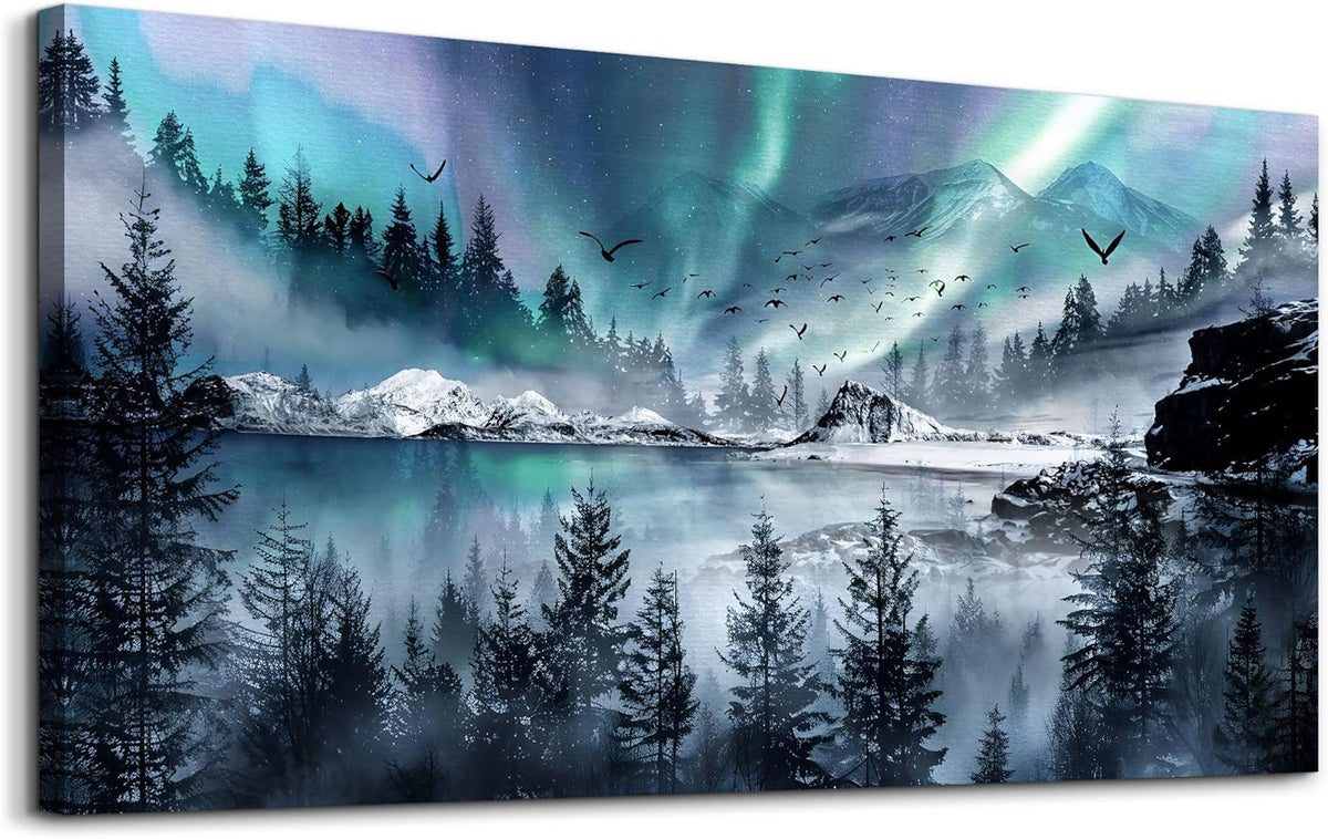 hyidecorart Modern Canvas Wall Art For Office Large Wall Decorations For Living Room Stretched And Framed Canvas Prints Paintings Blue Aurora Scenery Wall Pictures Artwork Hotel Mural Ready To Hang