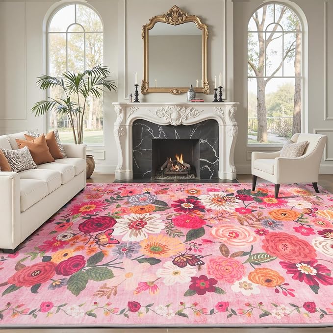 Pink Washable Area Rug 10x14 for Living Room Bedroom | Low Pile; Non Slip; - Image 3
