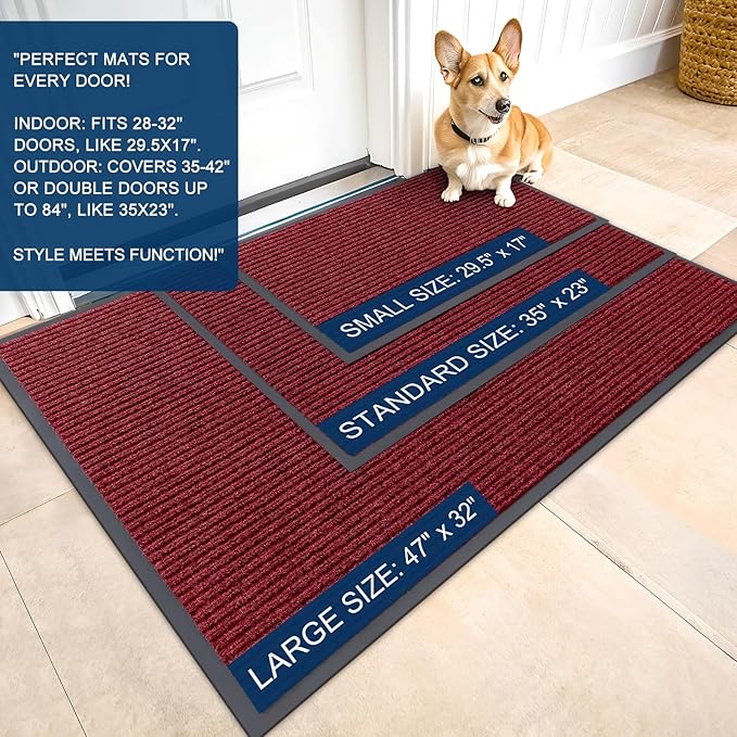 OLANLY 2-Pack Front Door Mats 47x23, Waterproof Heavy-Duty Doormats | Wine Red - Image 2
