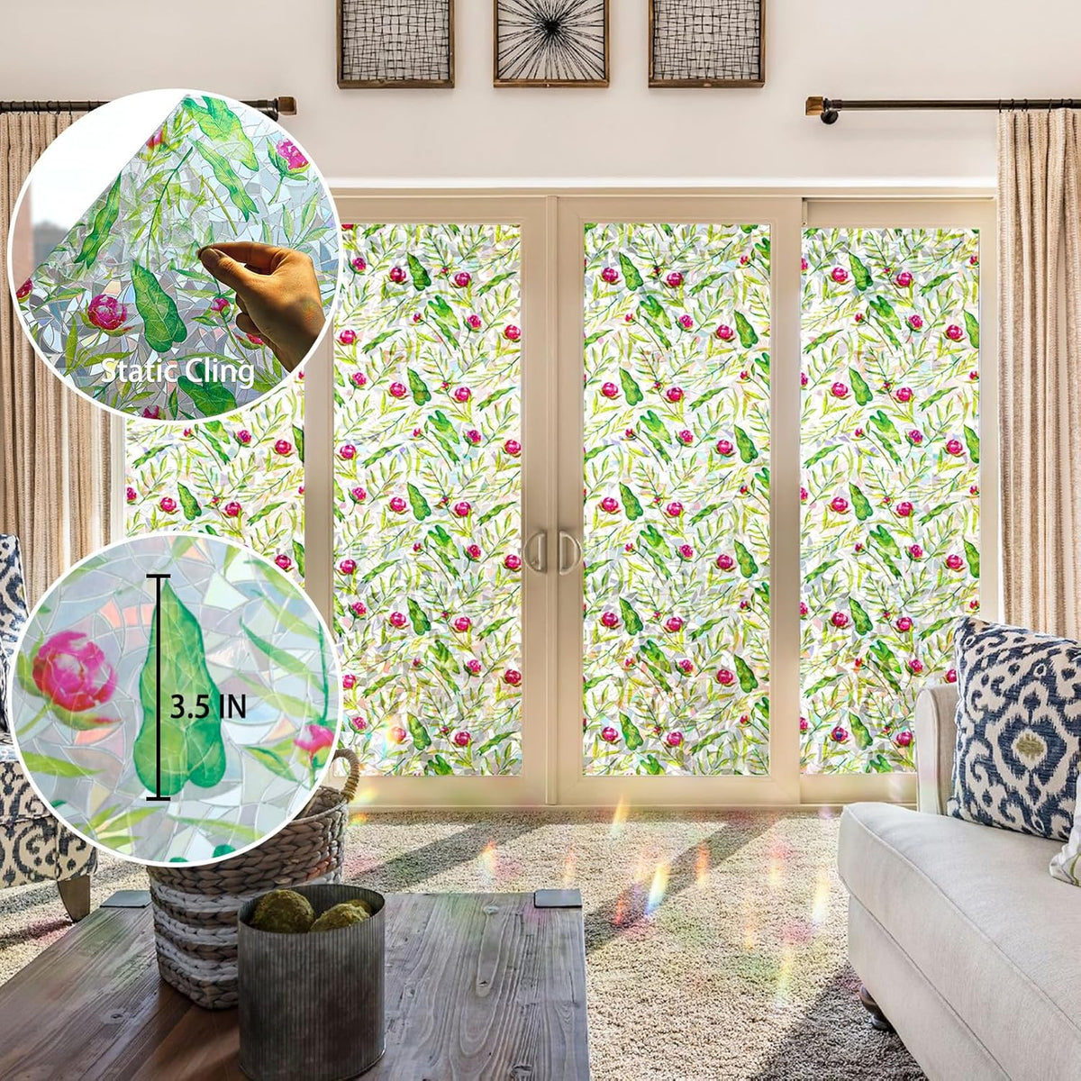 Rainbow Window Privacy Film 3D Floral Decorative Stained Glass Window Film Anti UV Non-Adhesive Reusable 17.5" x 78.7" for Home Room Car Glass Cling