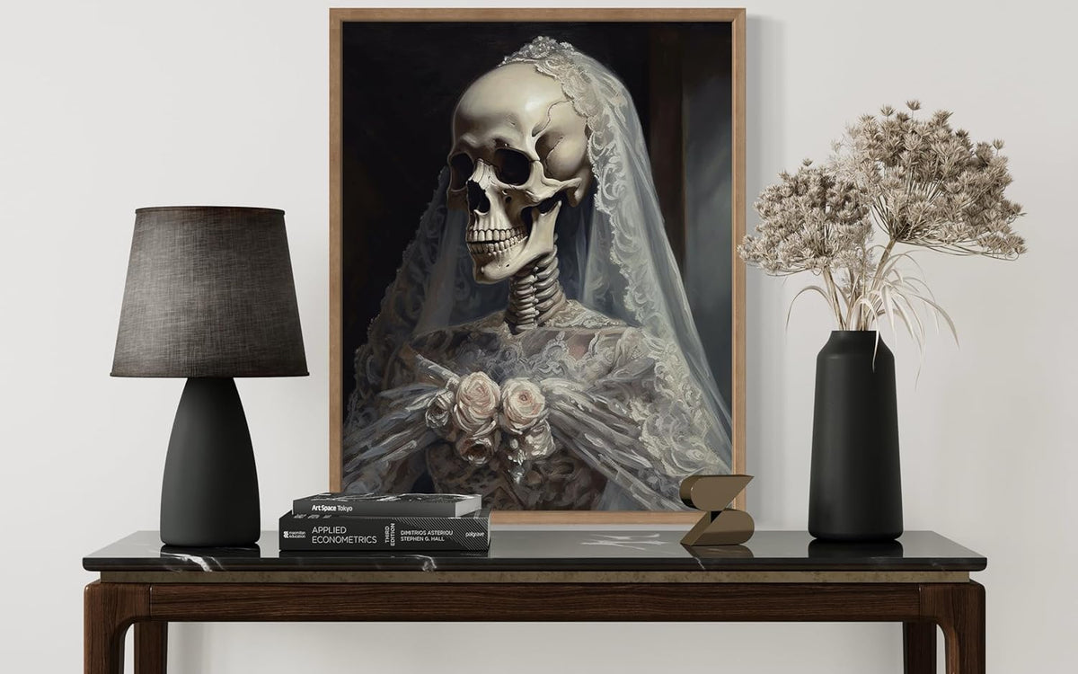 Skull Gown Poster Art Print, Halloween Scary Vintage Wall Art Academia Spooky Painting Decoration for Horror Prints, Gothic Posters Bedroom Decor 89 (Skull Gown, 16 x 20 inches, Wood Frame)