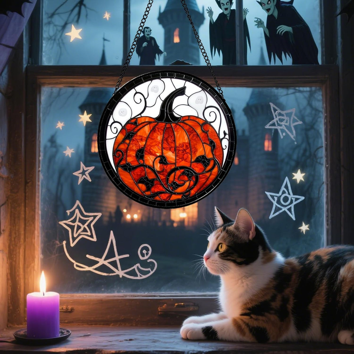 Stained Glass Window Hanging - Halloween Red White Scary Pumpkin Suncatcher for Doors Garden Home Spooky Rattan Sun Catchers Gothic Decor Horror Gifts for Women Men Friend Boy Girl 9.8 in