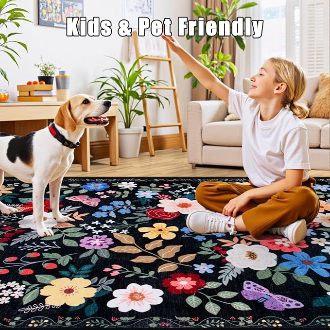 PLHXFR 8x10 Area Rug Living Room: Floral Washable Boho Soft Carpet Black | - Image 7