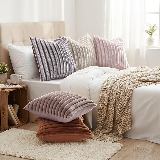 decorUhome Fall Faux Fur Throw Pillow Covers 20x20 Set of 2 Beige White | - Image 6