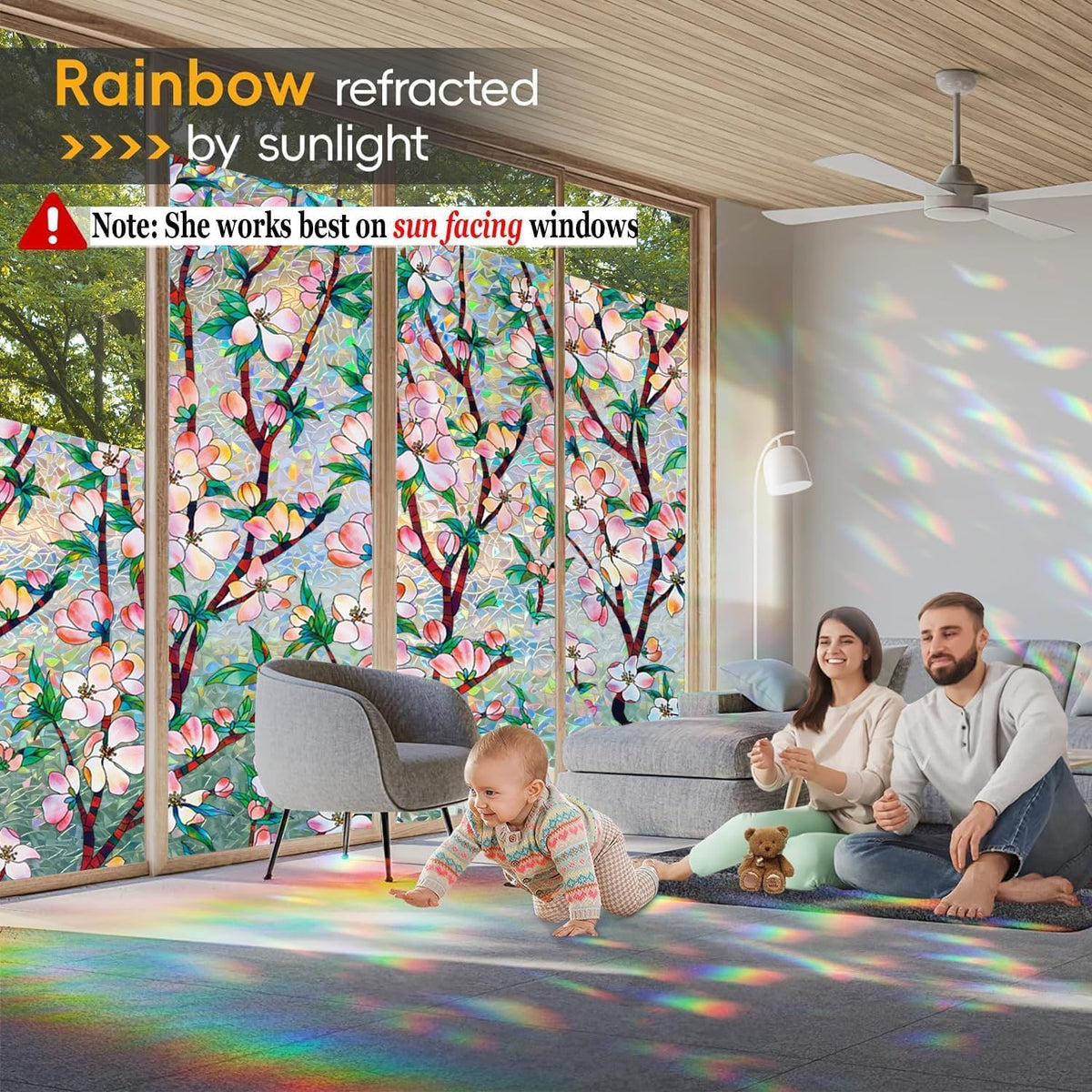 Rainbow Window Privacy Film Decorative, 3D Decals Stained Glass Clings, Static Cling Sticker, Suncatcher Windows Cover Tint for Home, 35.4 Inch x 157.4 Inch