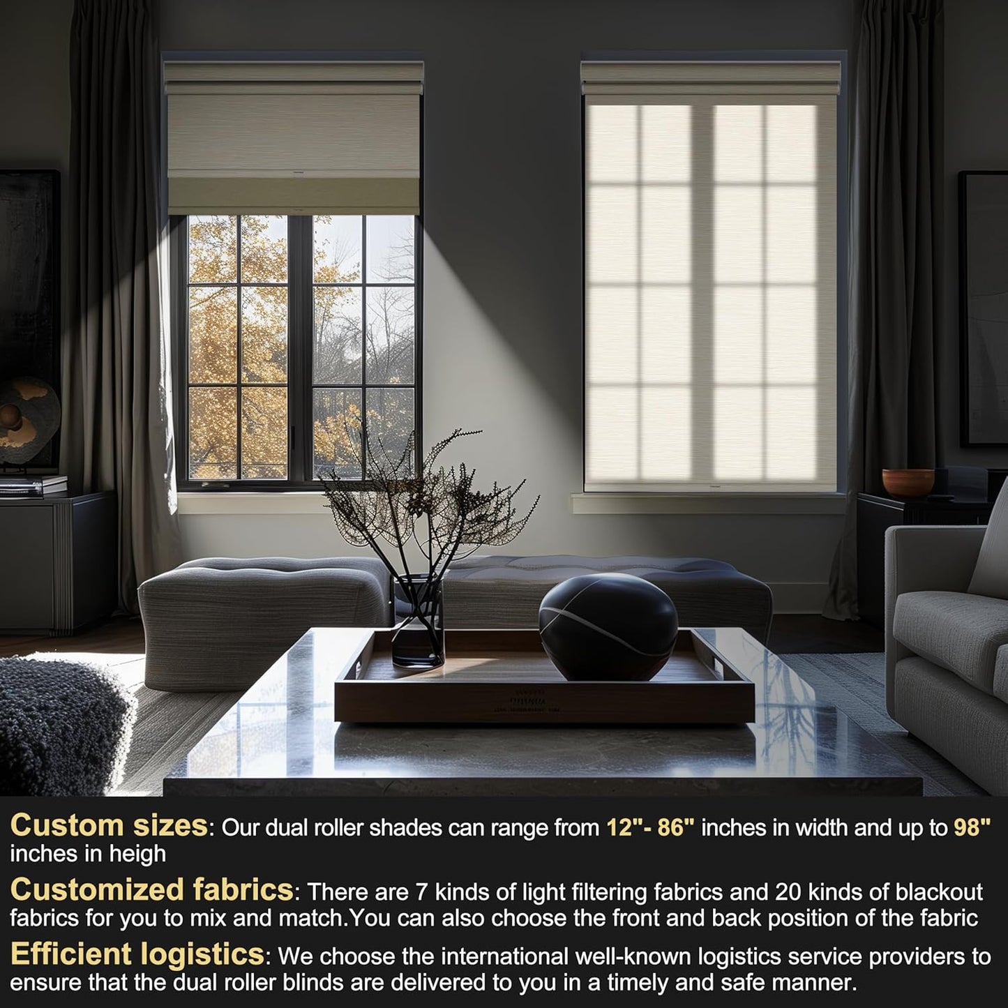 BERISSA Cordless Dual Roller Shades with Cassette Valance, Double Window Shades Blackout and Light Filtering, Day and Night for Home Office Door. Striped Jacquard Beige. 72 W x 48" H