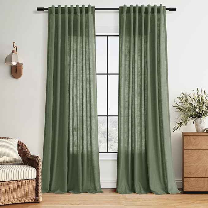 Forest Green Linen Curtains for Living Room 90 Inches Long Light Filtering Semi by Nanspring