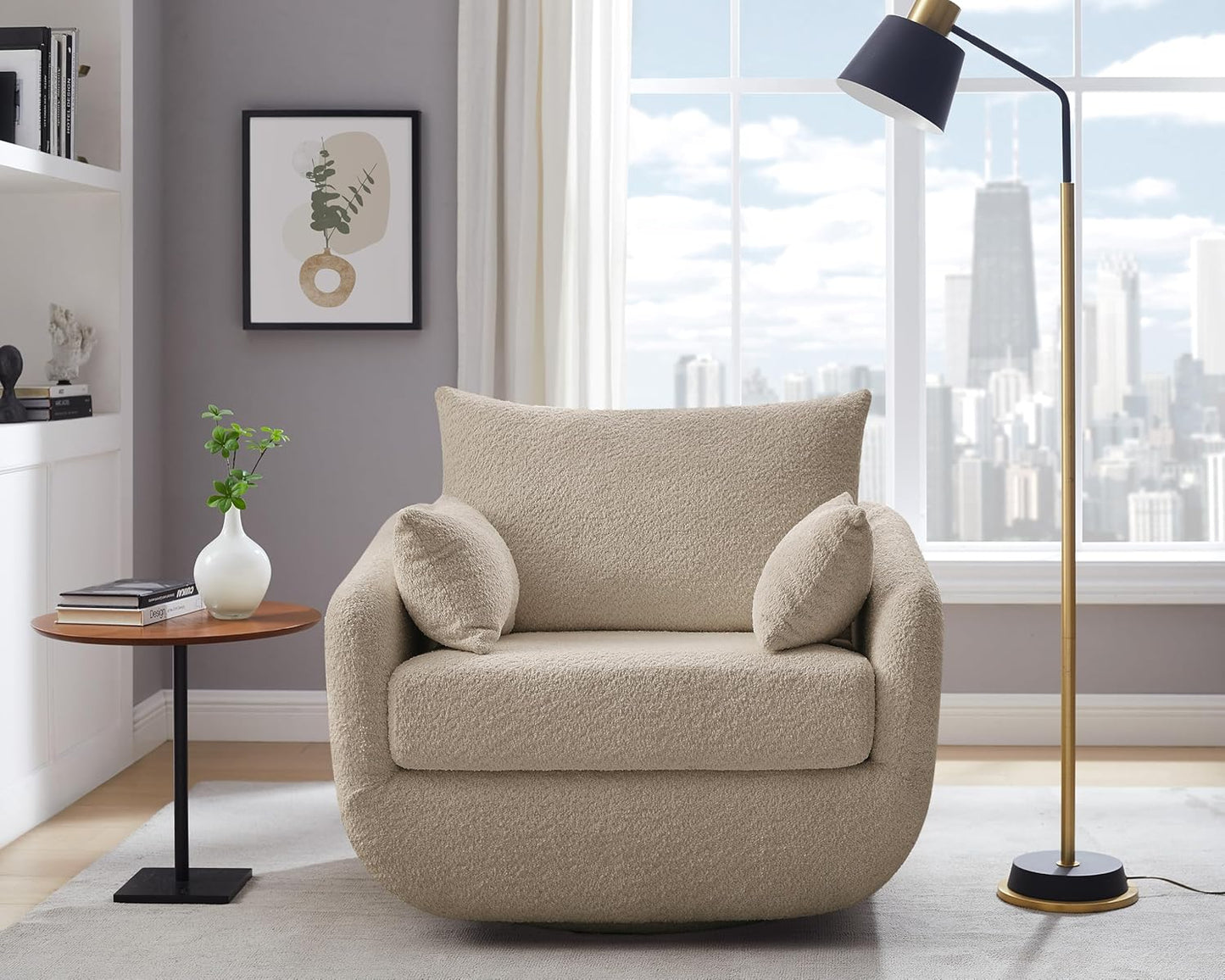360° Swivel Accent Armchair, 39.3" Oversized, Sherpa Boucle Fabric Sofa Chair with Removable Back & Arm Pillows, Swivel Chair with Cozy Soft Padded, No Assembly Required (1, Camel)
