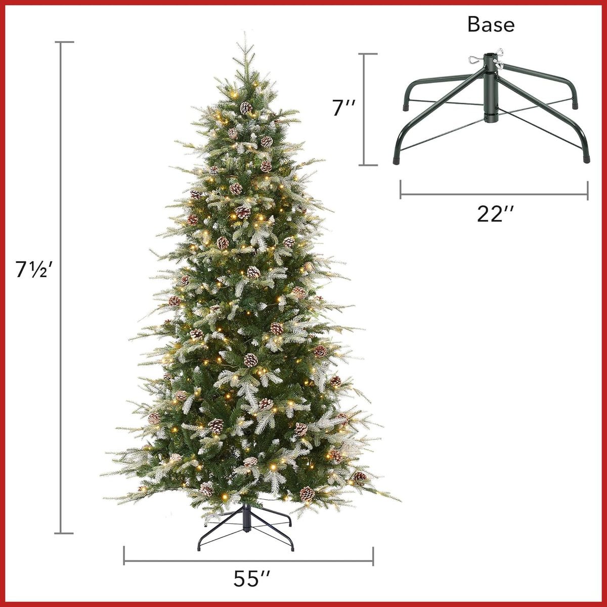 Casafield 7.5FT Pre-Lit Frosted Slim Aspen Fir Artificial Holiday Christmas Tree with White & Multicolored LED Lights, Partially Flocked Realistic Noble Fir with Metal Stand