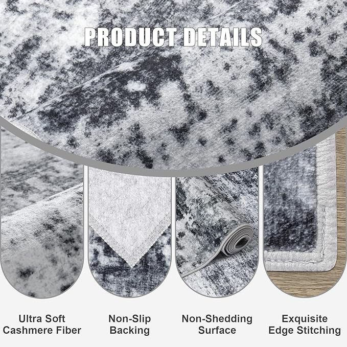 2x6 Washable Runner Rug：Modern Abstract Soft Carpet Dark Black | - Image 6